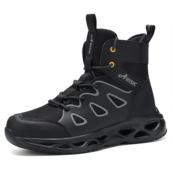 High-top black steel-toed boots